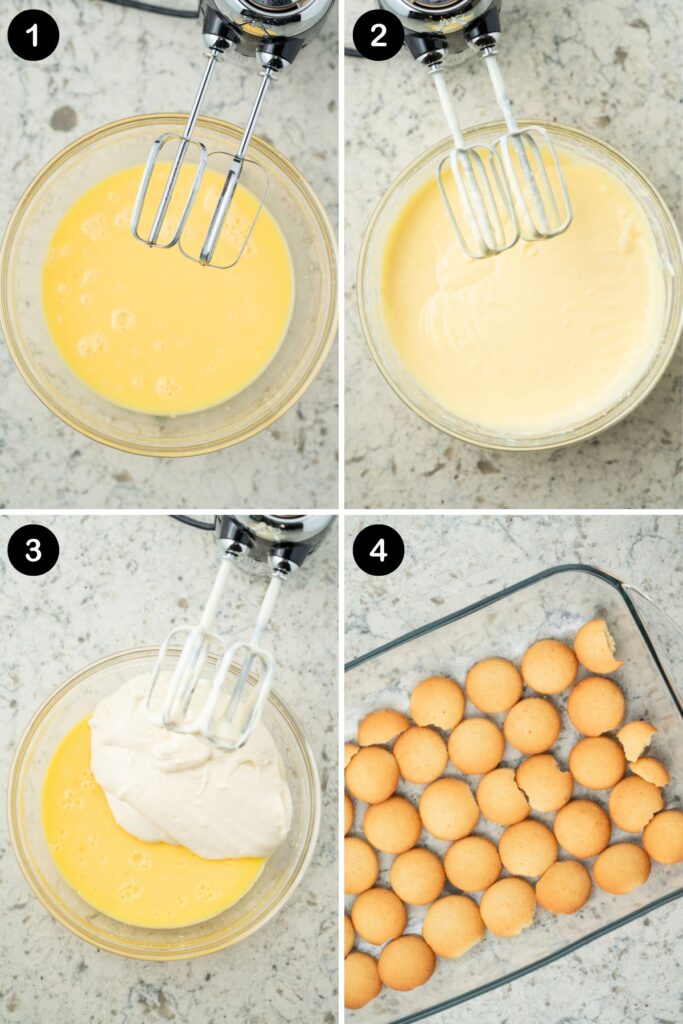 Four images showing how to make flag icebox cake step by step.