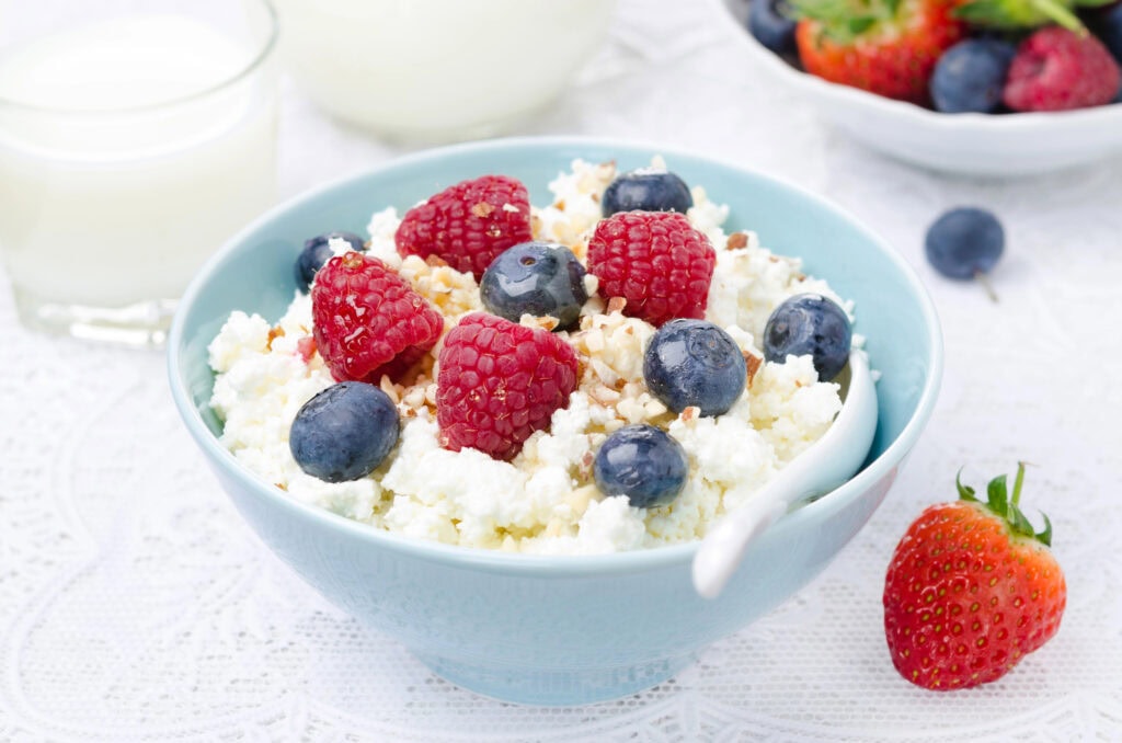 A bowl of cottage cheese with berries.