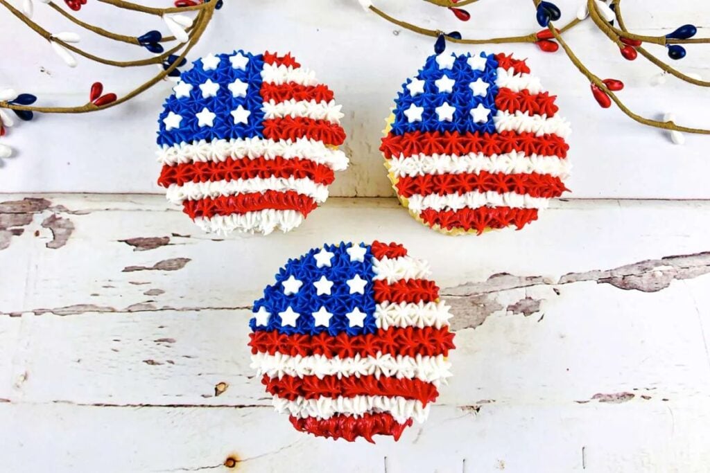Three cupcakes with American flag design.