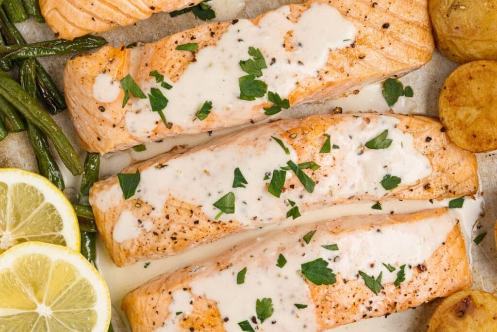 Baked salmon with cream.
