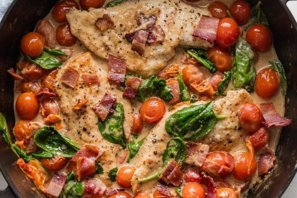 Close up shot of chicken with cherries.