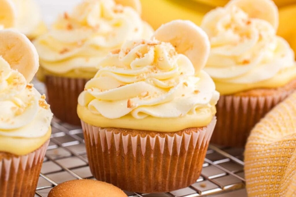 Close up shot of banana pudding cupcakes.