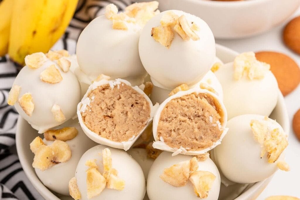 Banana pudding truffles on a plate.