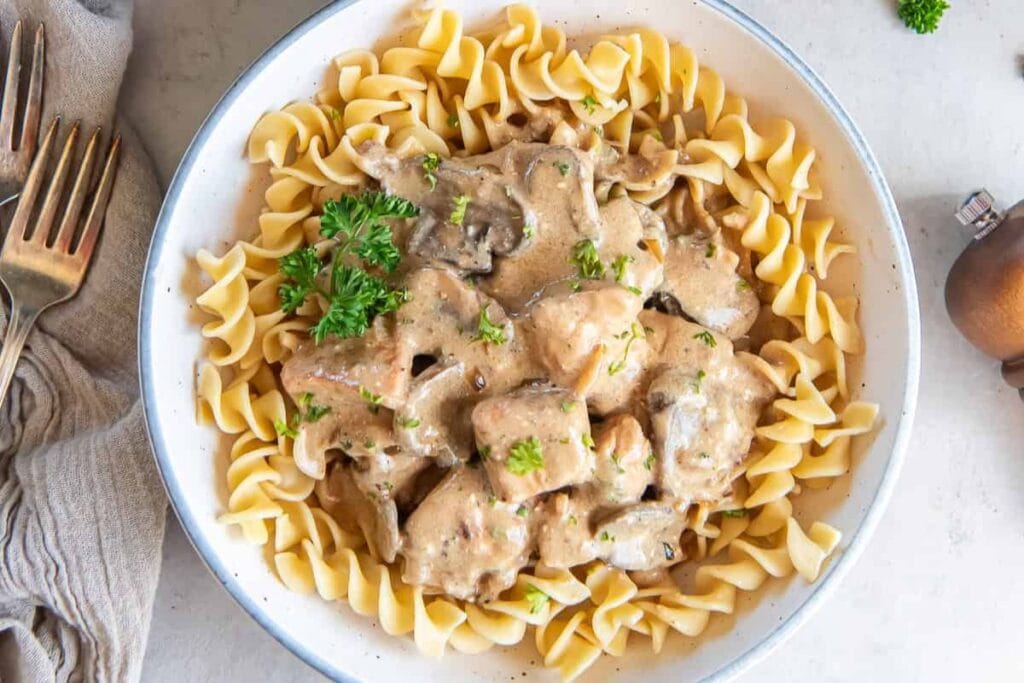 Chicken stroganoff on a plate.