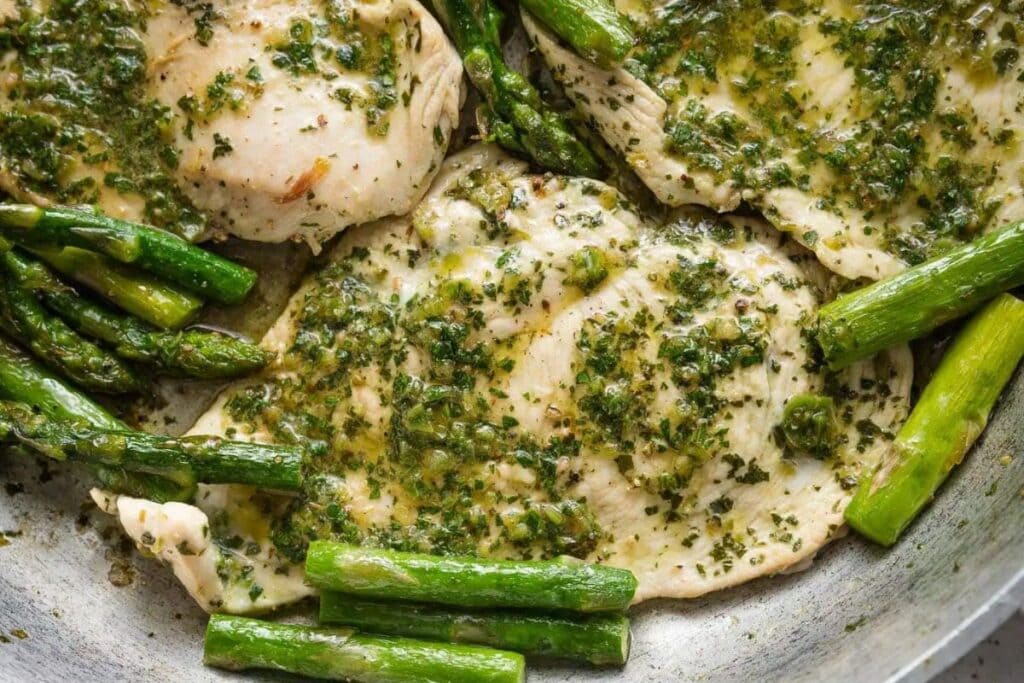 Close up shot of chicken asparagus skillet.