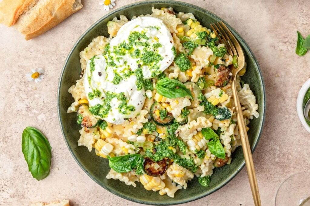 Summer pasta on a plate.