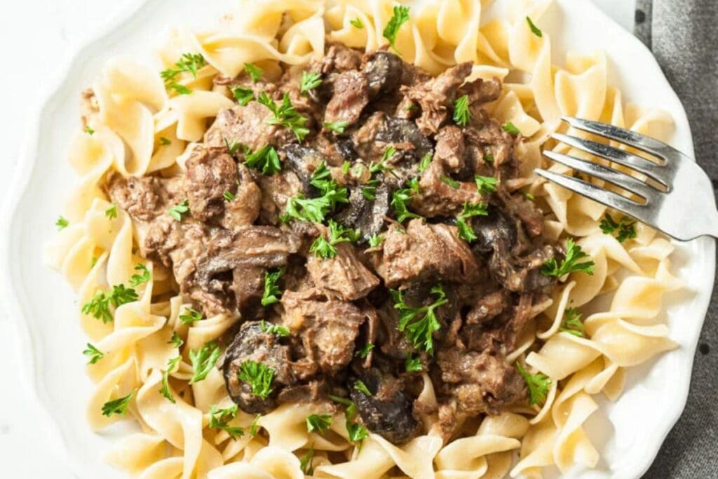 Beef stroganoff on a plate.