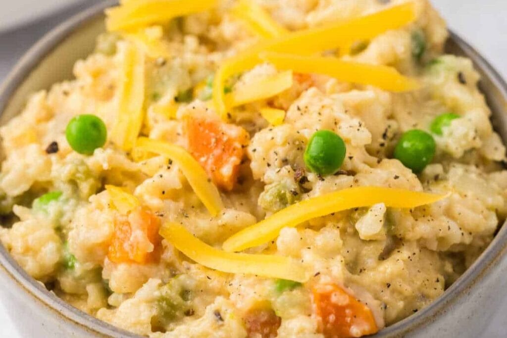Chicken and rice in a bowl.