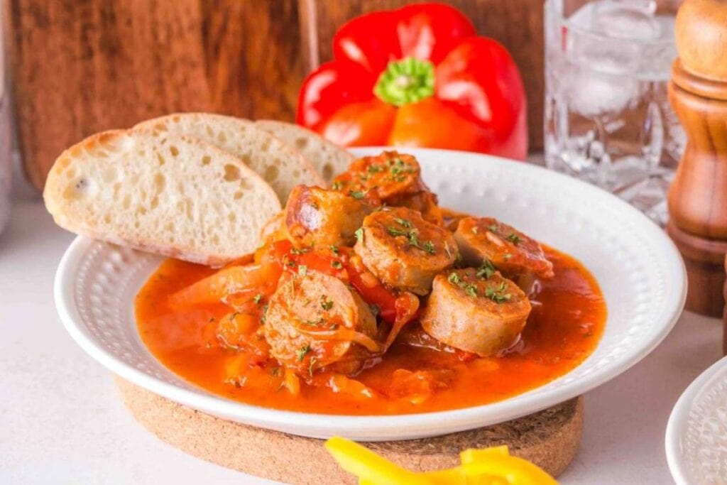 Sausage and peppers with bread on a plate.