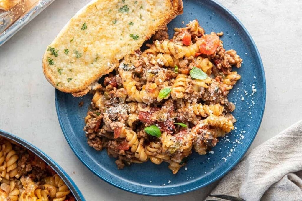 Ground beef pasta skillet on a plate.