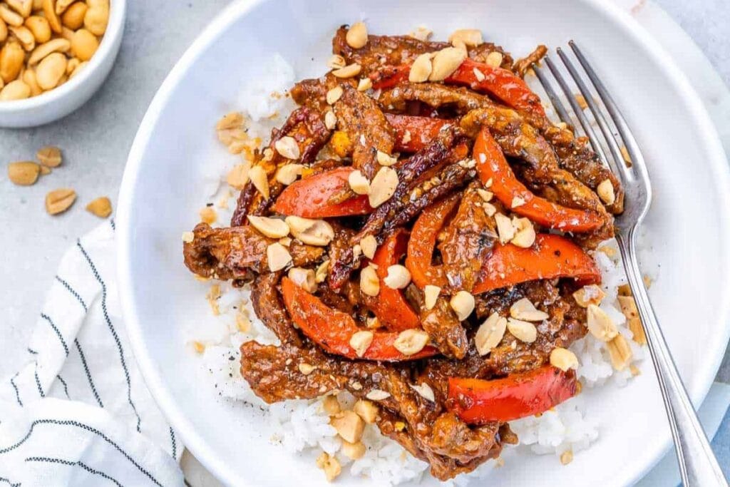 Kung pao beef on a plate.