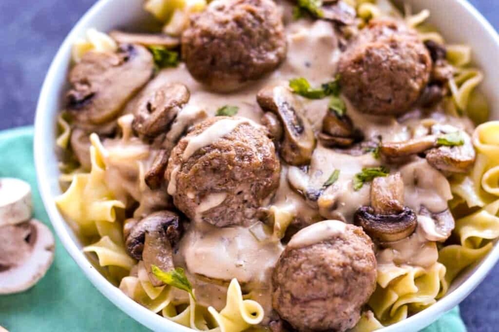 Meatball stroganoff close up shot.