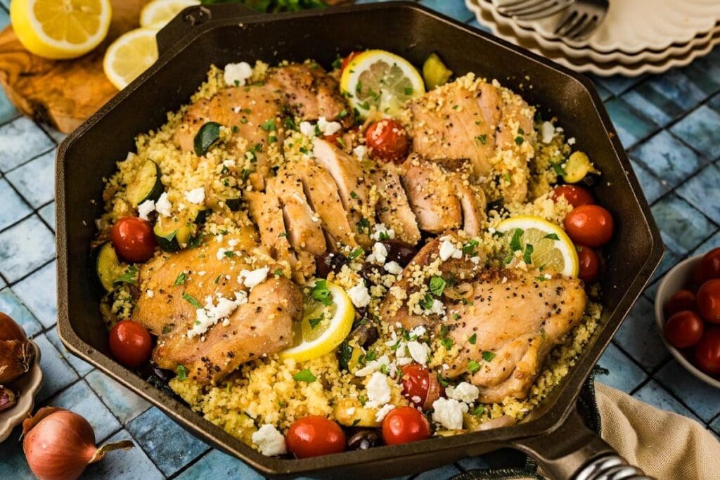 Chicken and couscous in a pan.