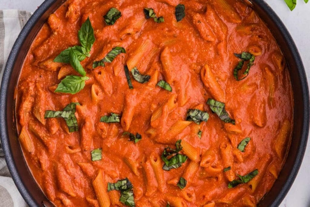 Close up shot of tomato pasta.