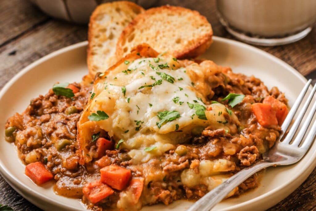 Cottage pie on a plate.