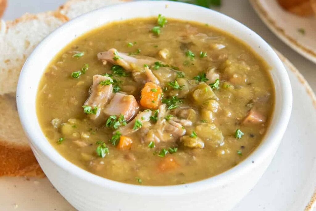 A bowl of split pea soup.