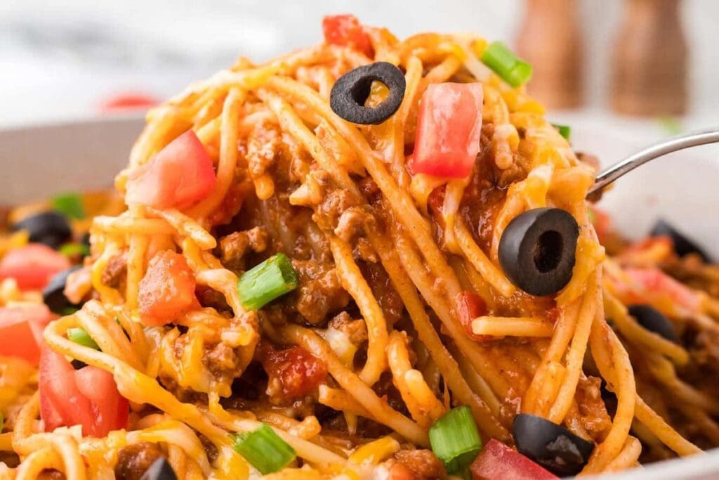 A spoonful of taco spaghetti.