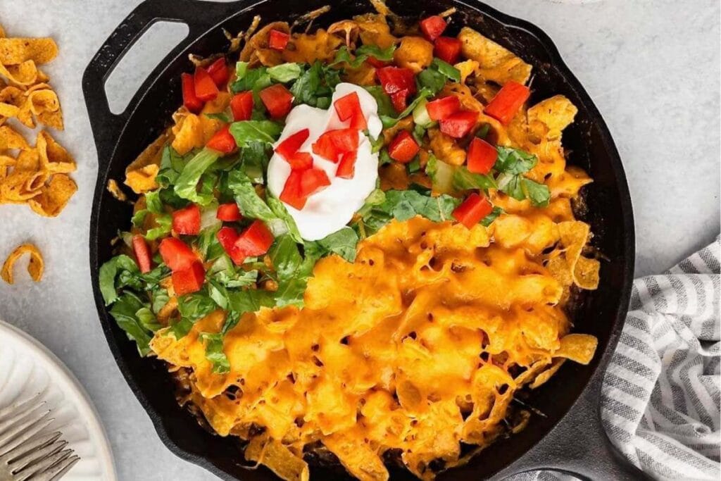 Taco casserole in a pan.