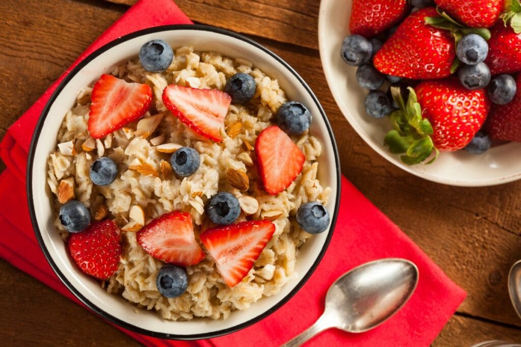 Oatmeal in bowl with red napkin