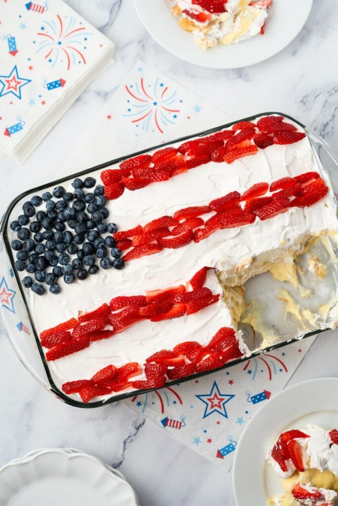 A dessert dish with a flag on it.