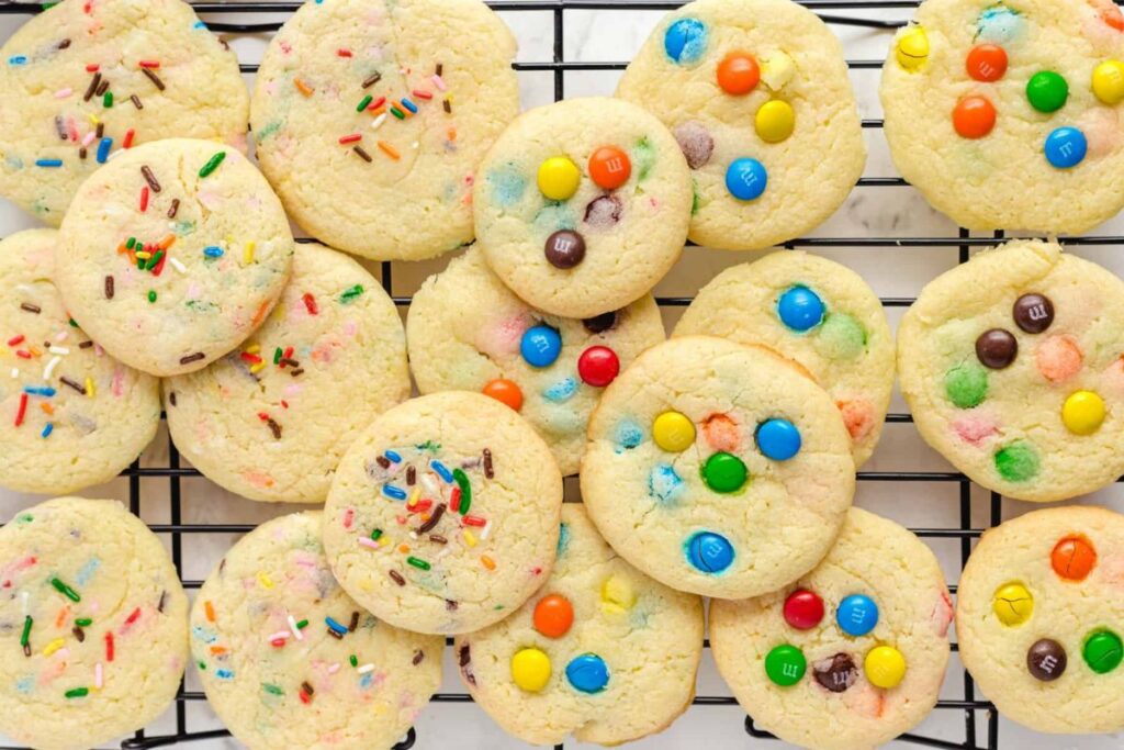 Cake mix cookies on a drying rack.