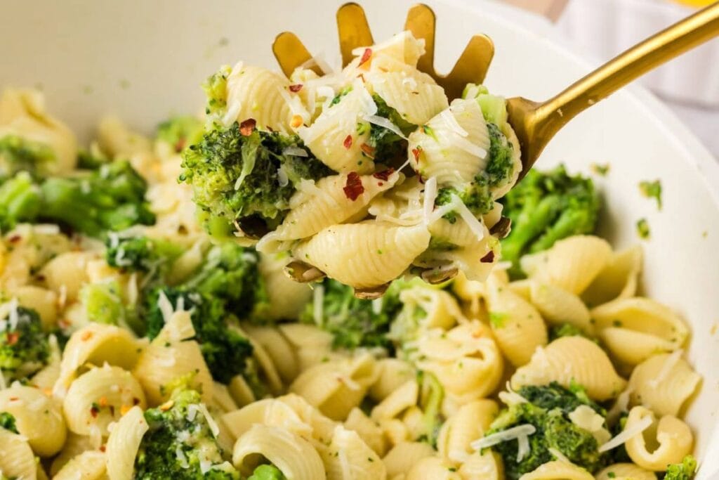 A spoonful of broccoli pasta.