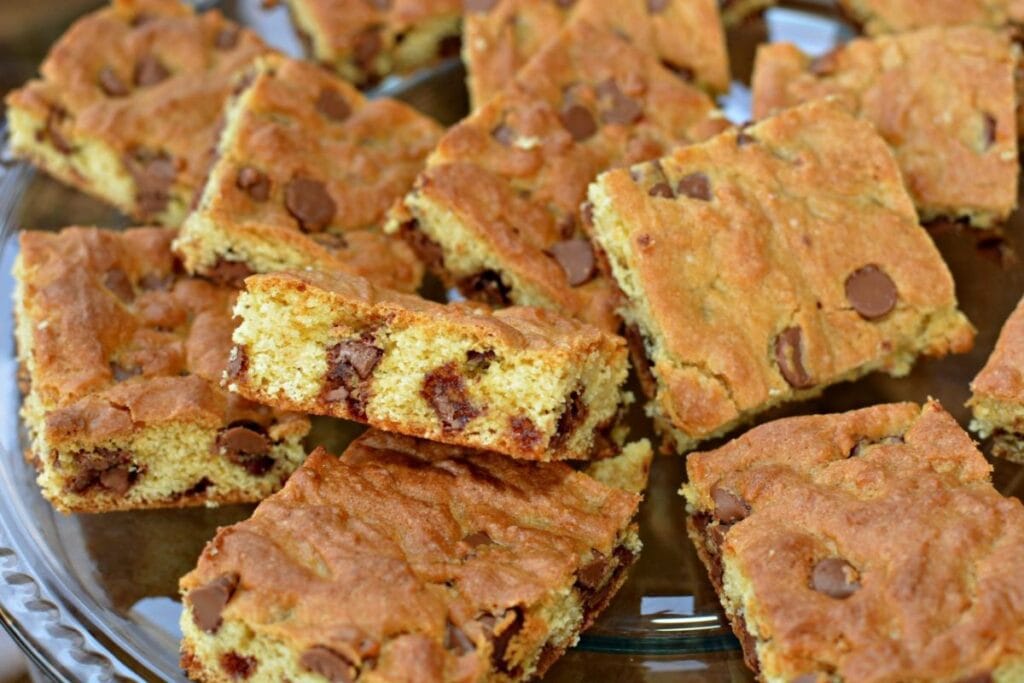 Chocolate chip cookie bars close up shot.