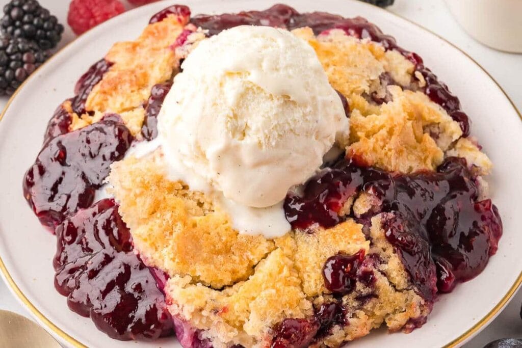 Cake mix cobbler on a plate.