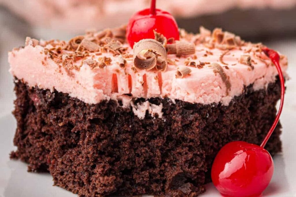 Close up shot of cherry Dr.pepper cake.