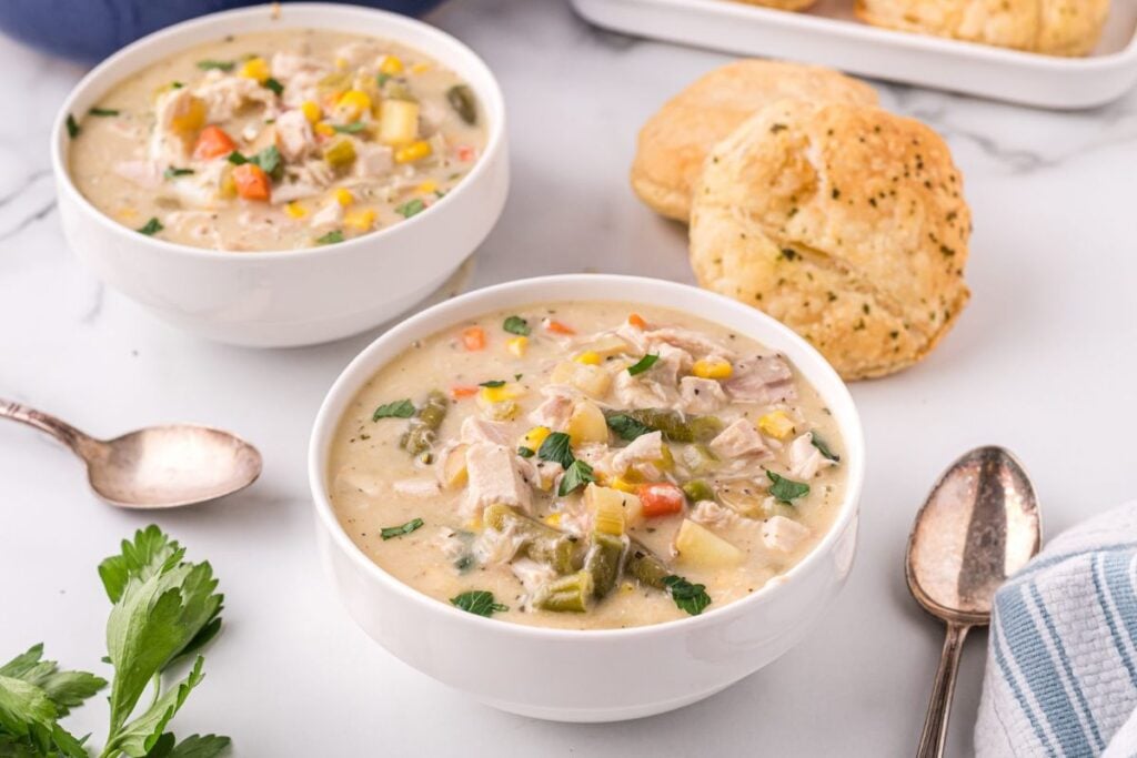 Two bowls of chicken pot pie.