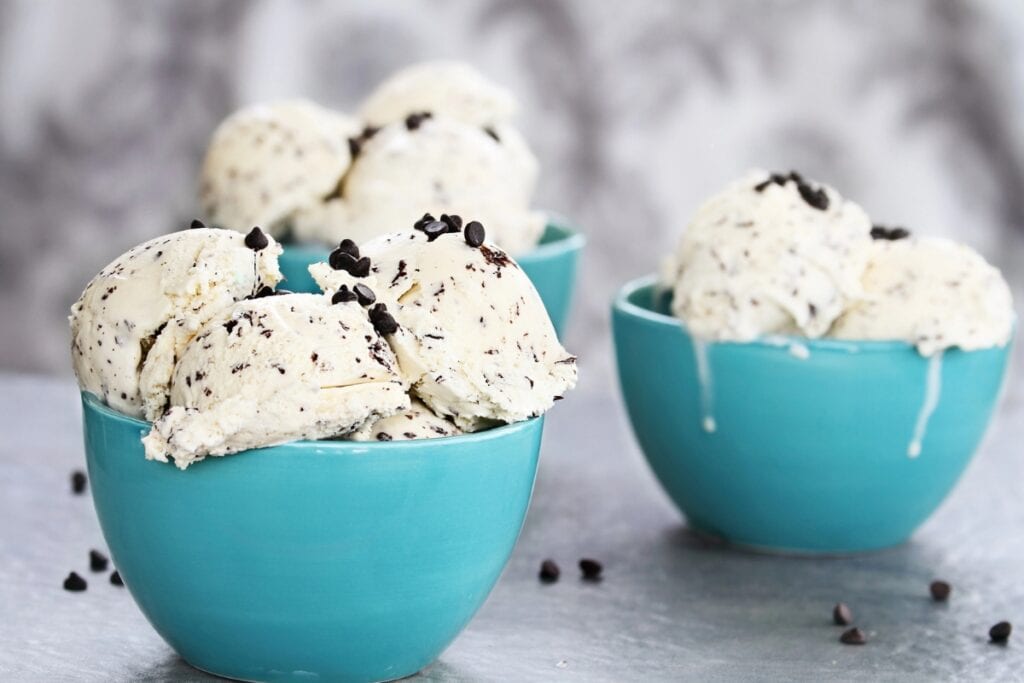 Three bowls of chocolate chip ice cream.