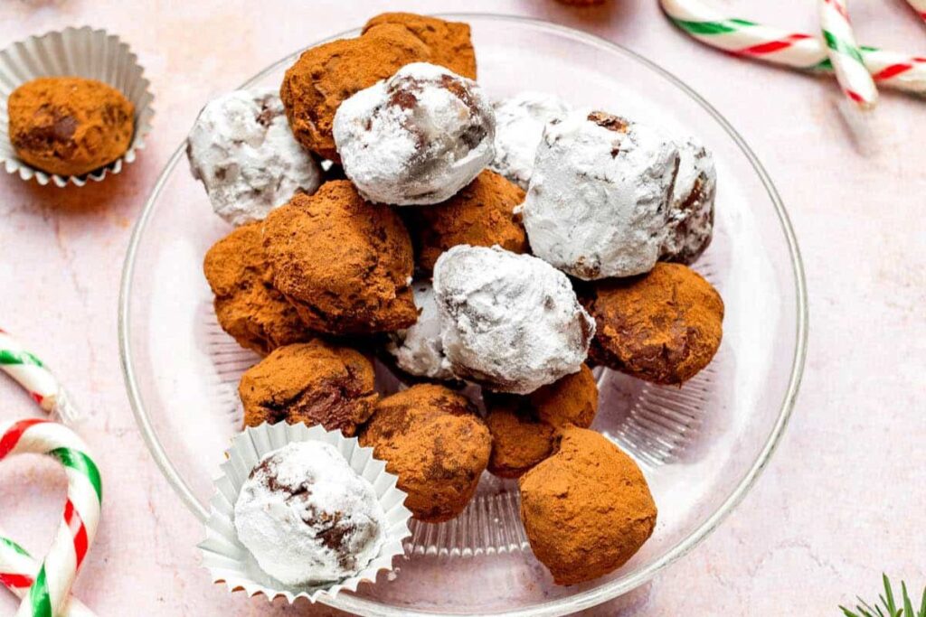 Chocolate mint truffles on a plate.