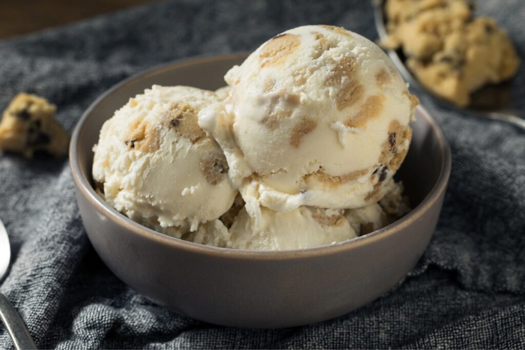 Cookie dough ice cream in a bowl.