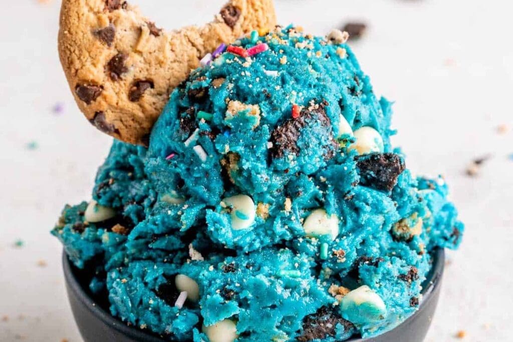 Cookie monster cookie dough in a bowl.