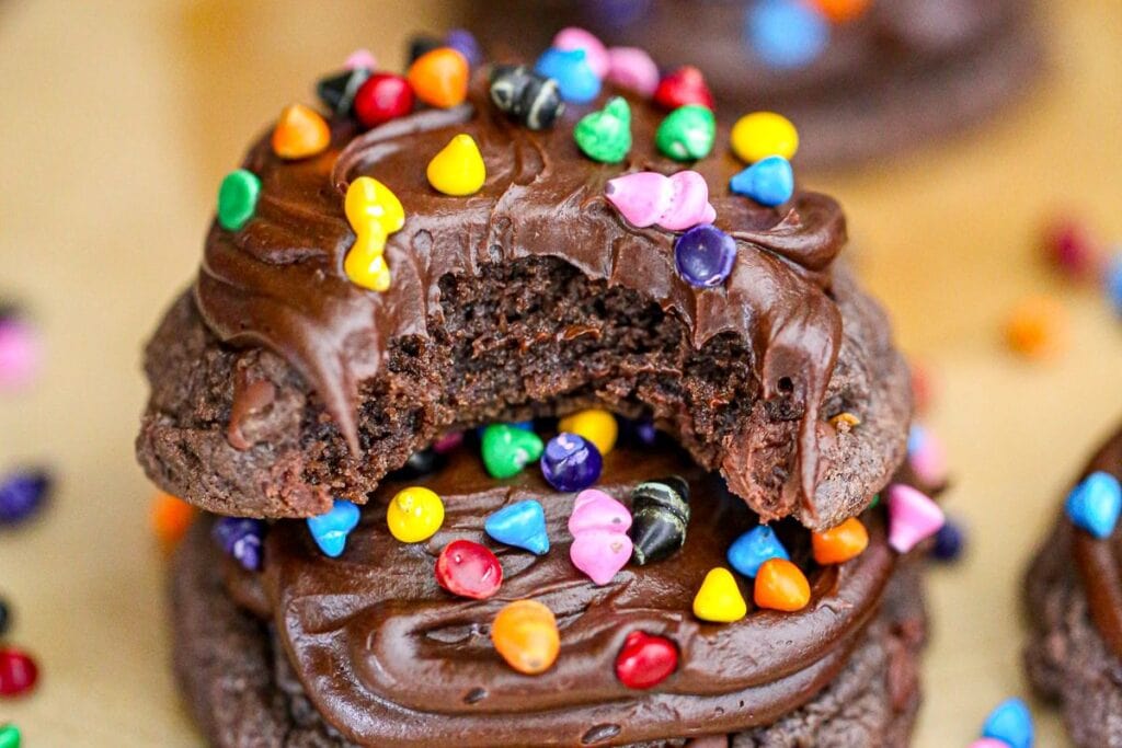 Chocolate cookies with colorful toppings.