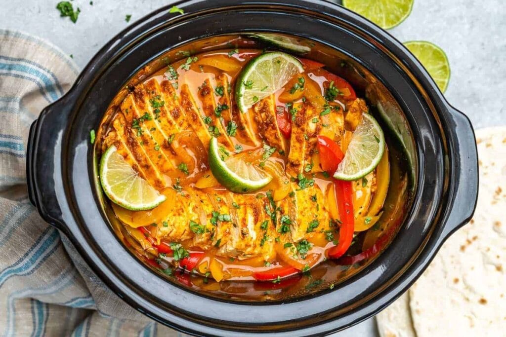 Chicken fajitas in a crockpot.