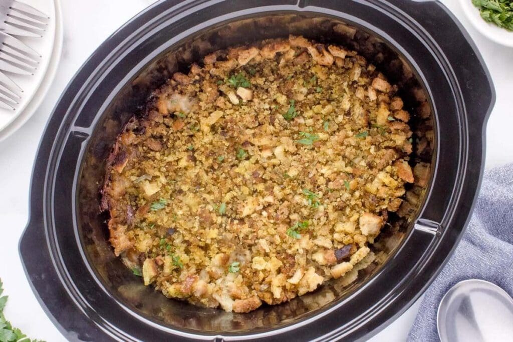 Chicken and stuffing in a crockpot.