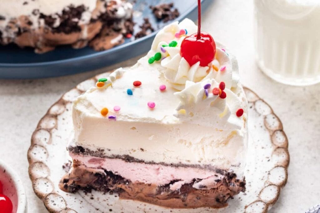 A slice of ice cream cake.