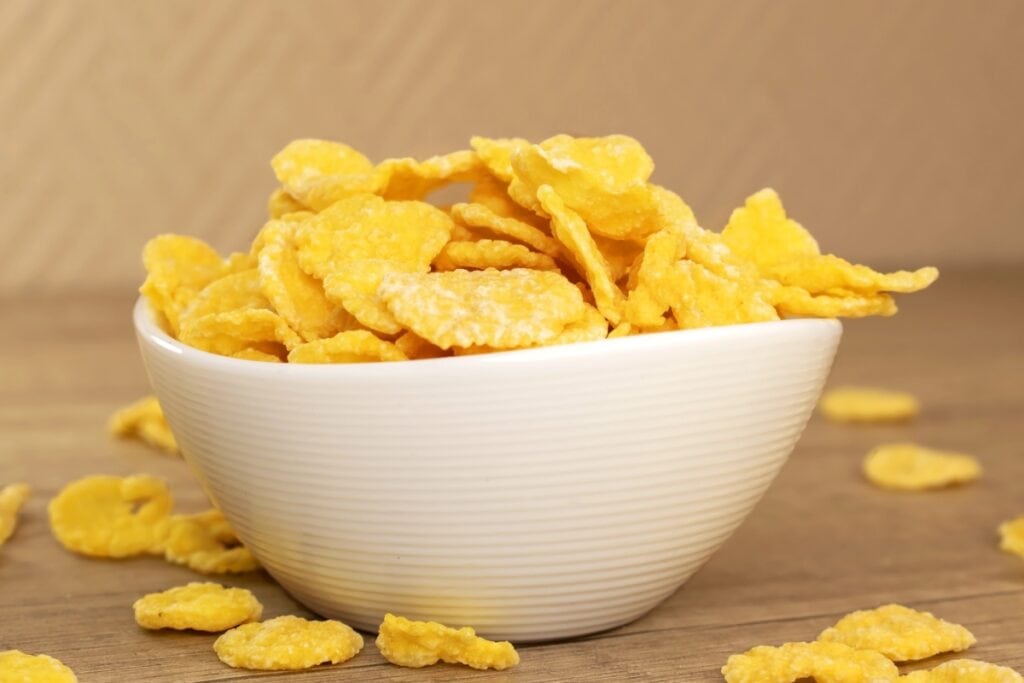 Dry cereal in a white bowl.