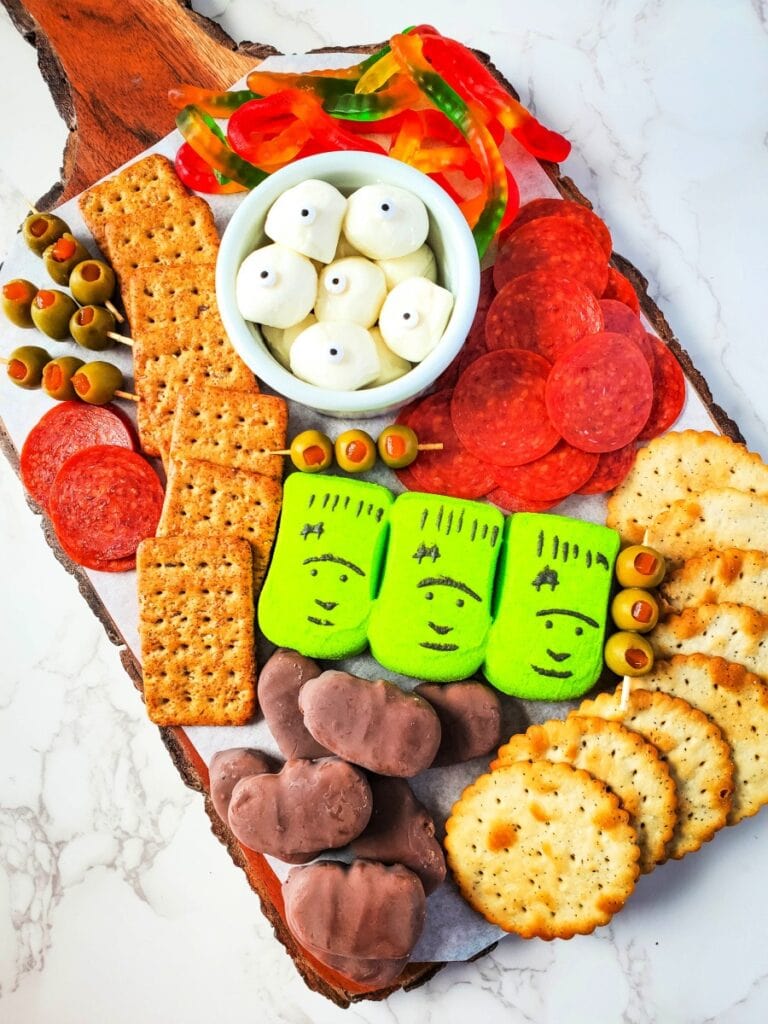 Halloween charcuterie board top shot.