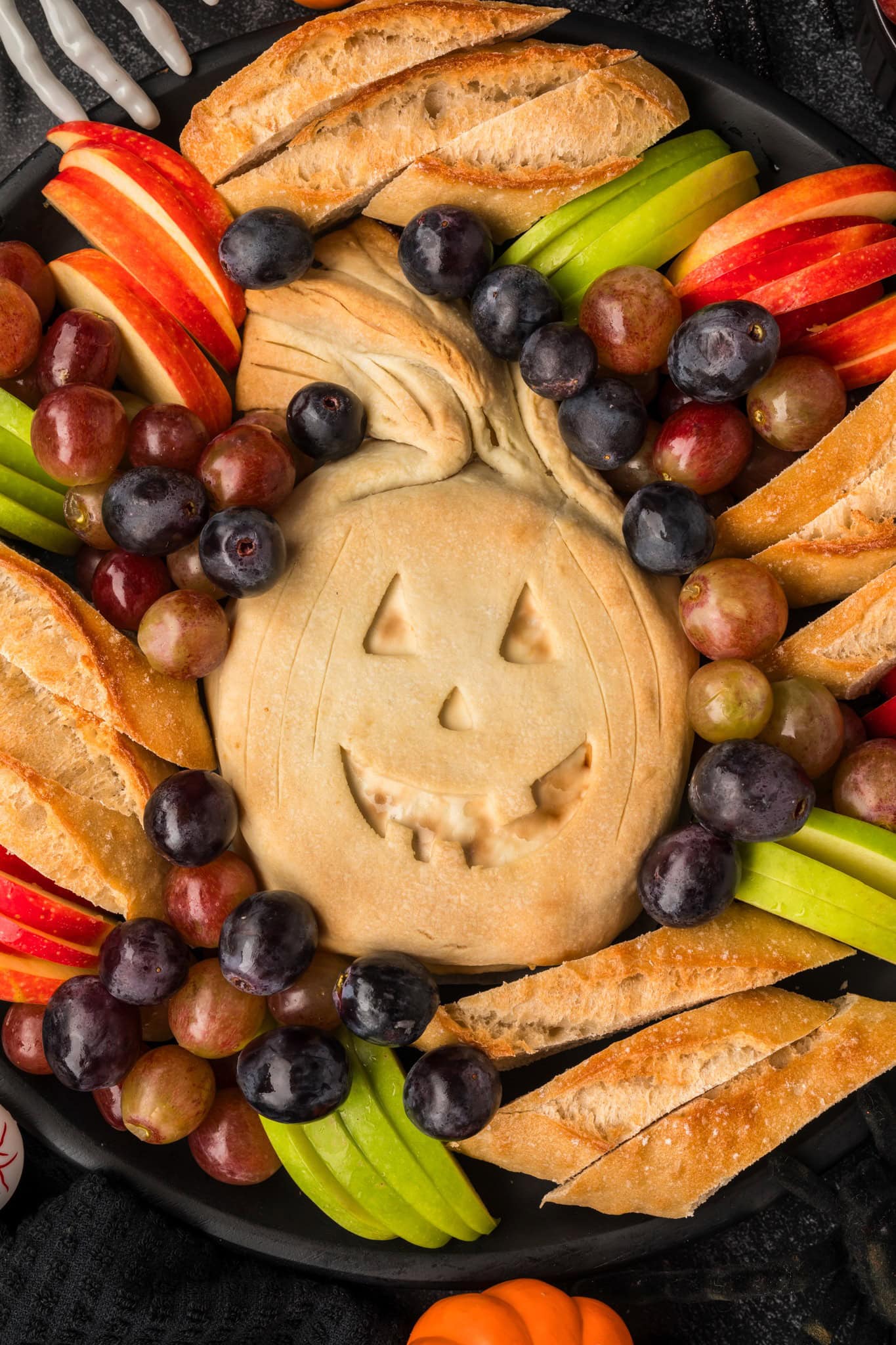 Close up shot of Halloween baked brie.