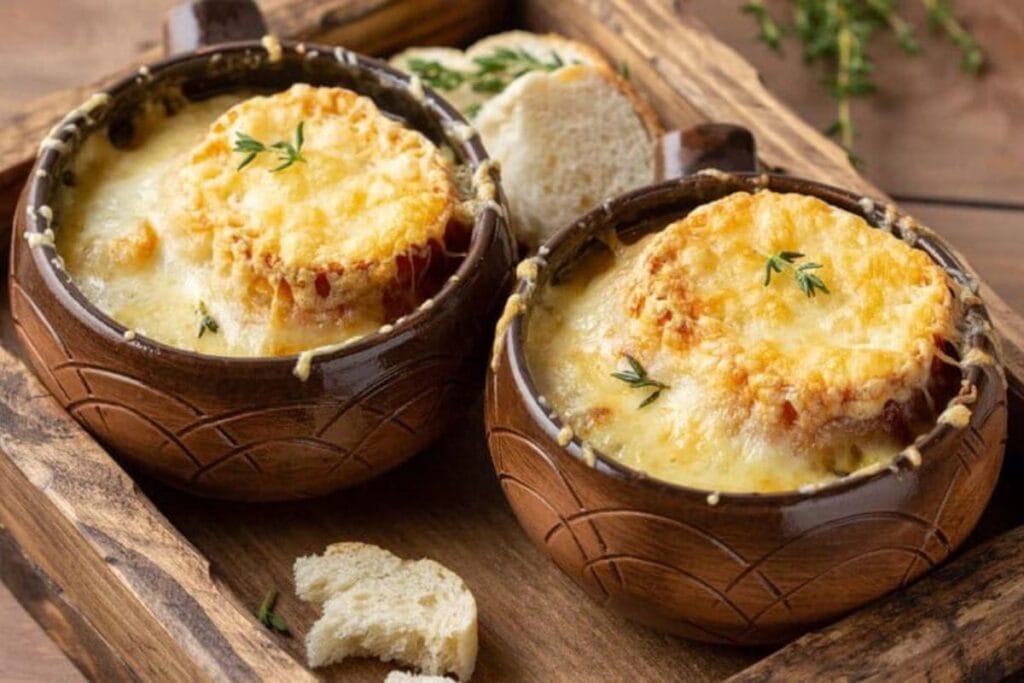 Two bowls of onion soup.