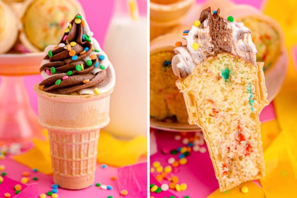 Ice cream cone cupcakes collage.
