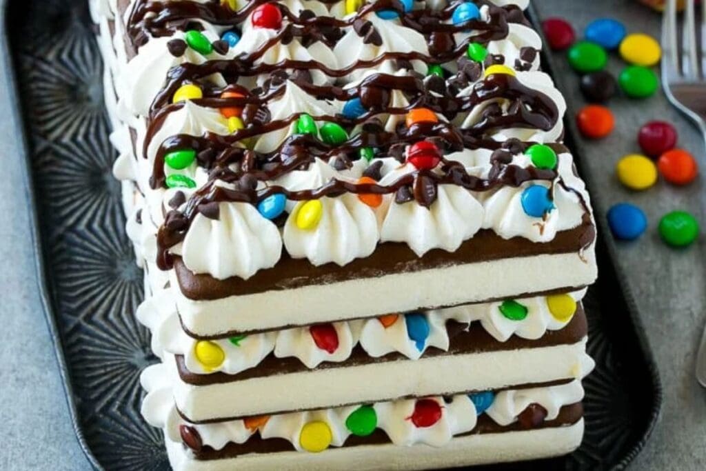 Ice cream sandwich cake on a plate.