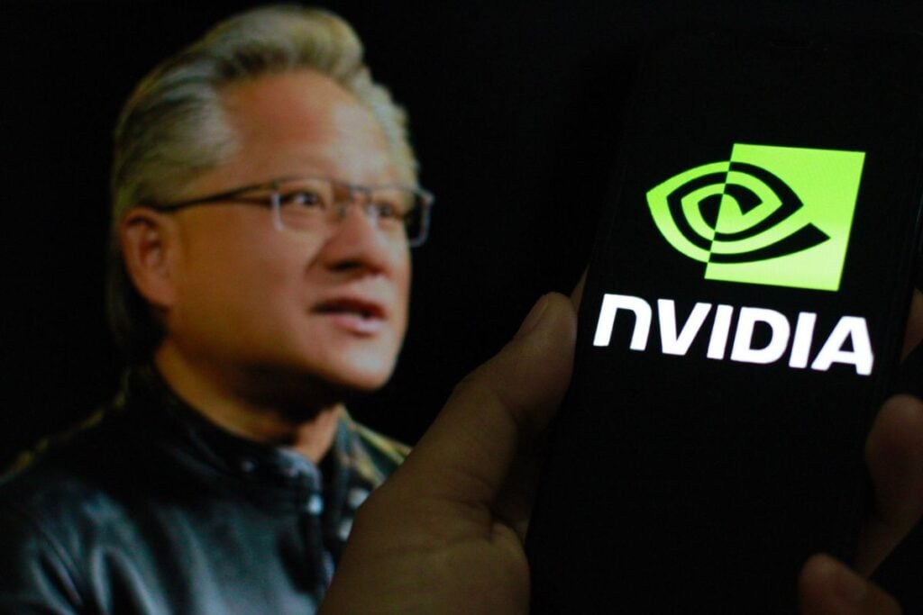 Jensen Huang  with Nvidia logo.