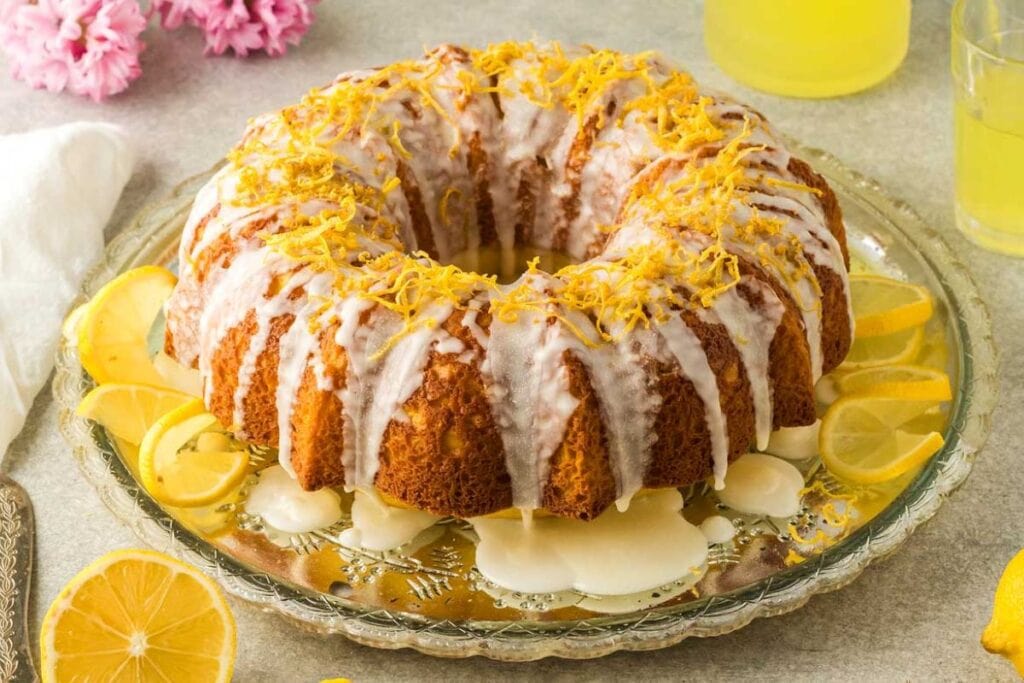 Limoncello bundt cake on a plate.