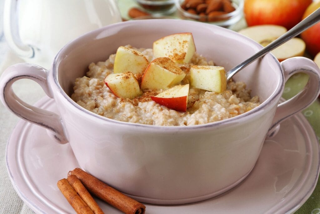 Oatmeal with apple and cinnamon topping.