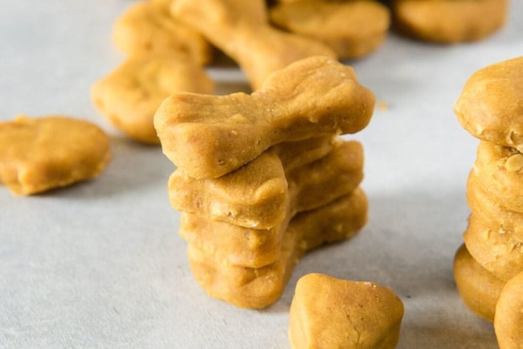 
A stack of four golden-brown, bone-shaped dog treats.