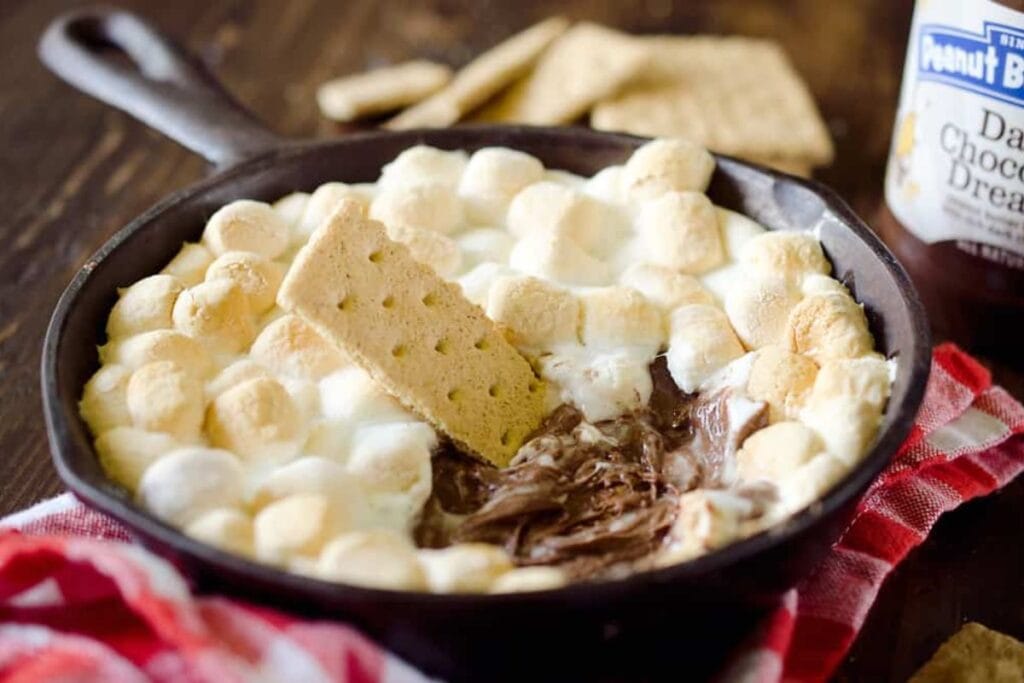 Peanut butter s'mores dip close up shot.
