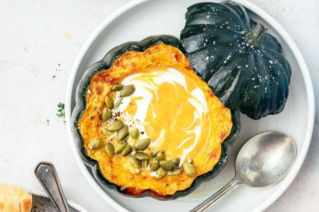 A squash with a soup inside.